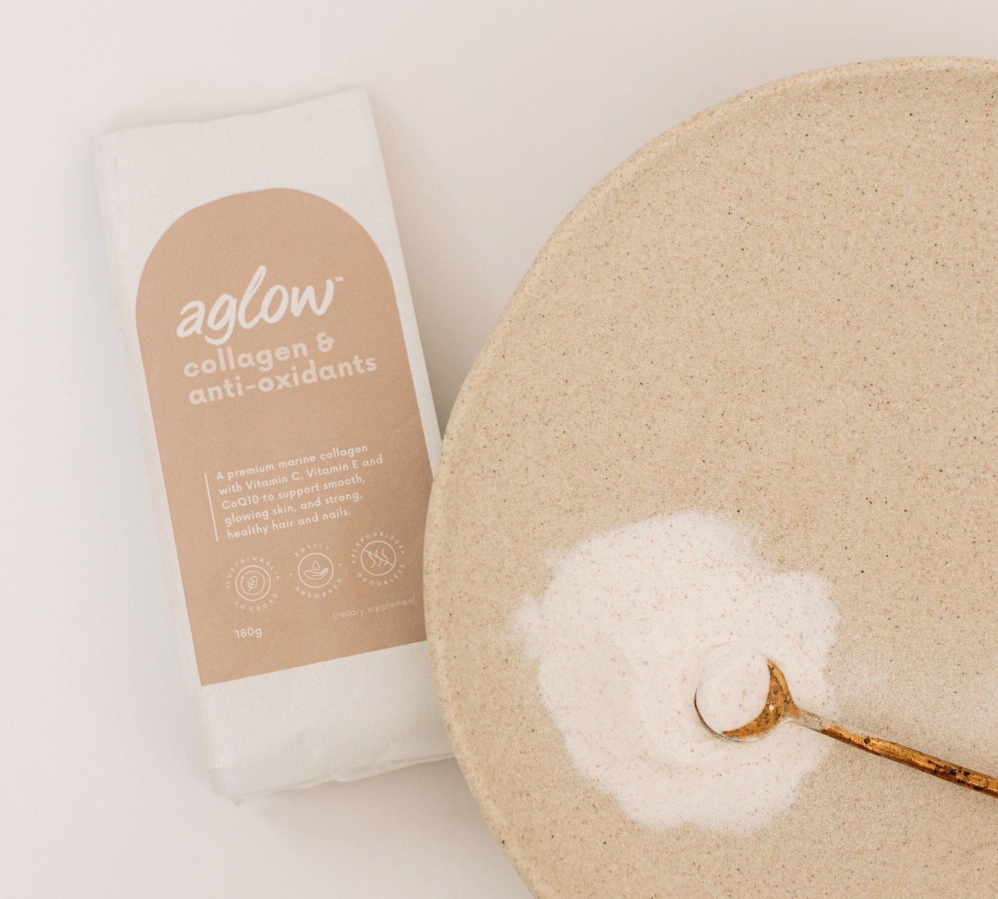 
                  
                    Unflavoured Marine Collagen with Antioxidants Refill Home Compostable Pouch with some Collagen poured on a platemarine collagen
                  
                