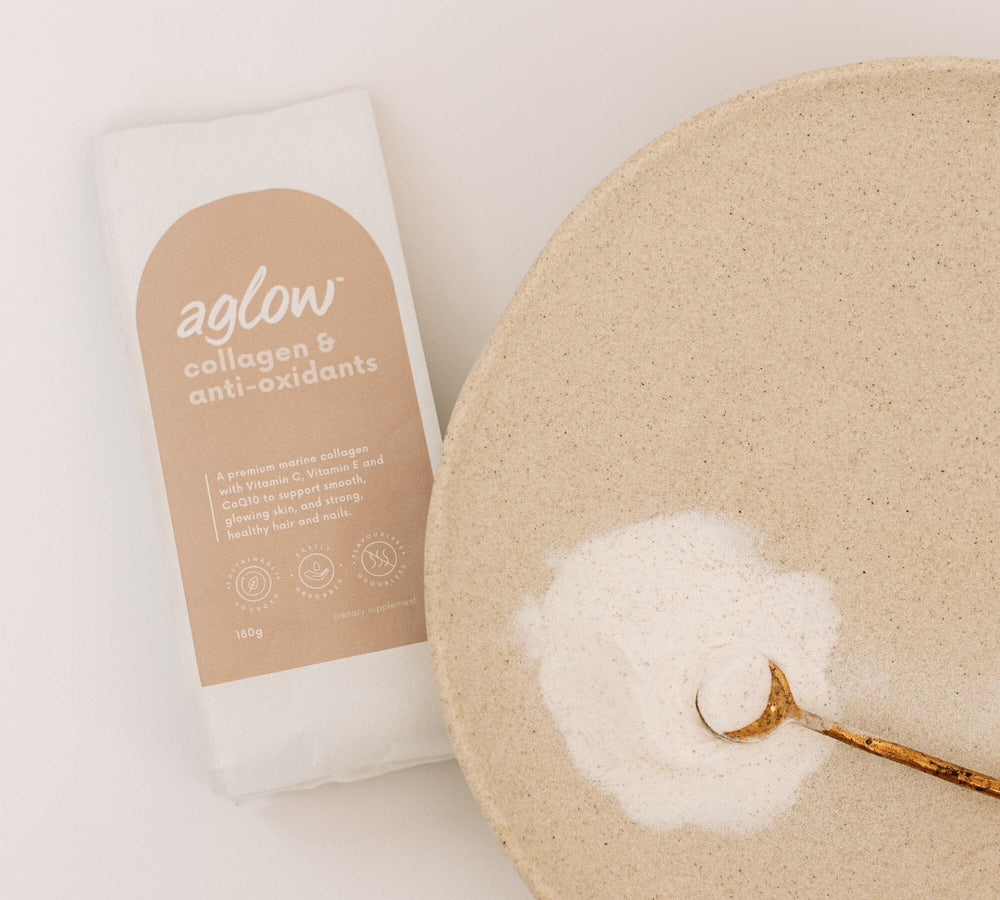 Unflavoured Marine Collagen with Antioxidants Refill Home Compostable Pouch with some Collagen poured on a plate